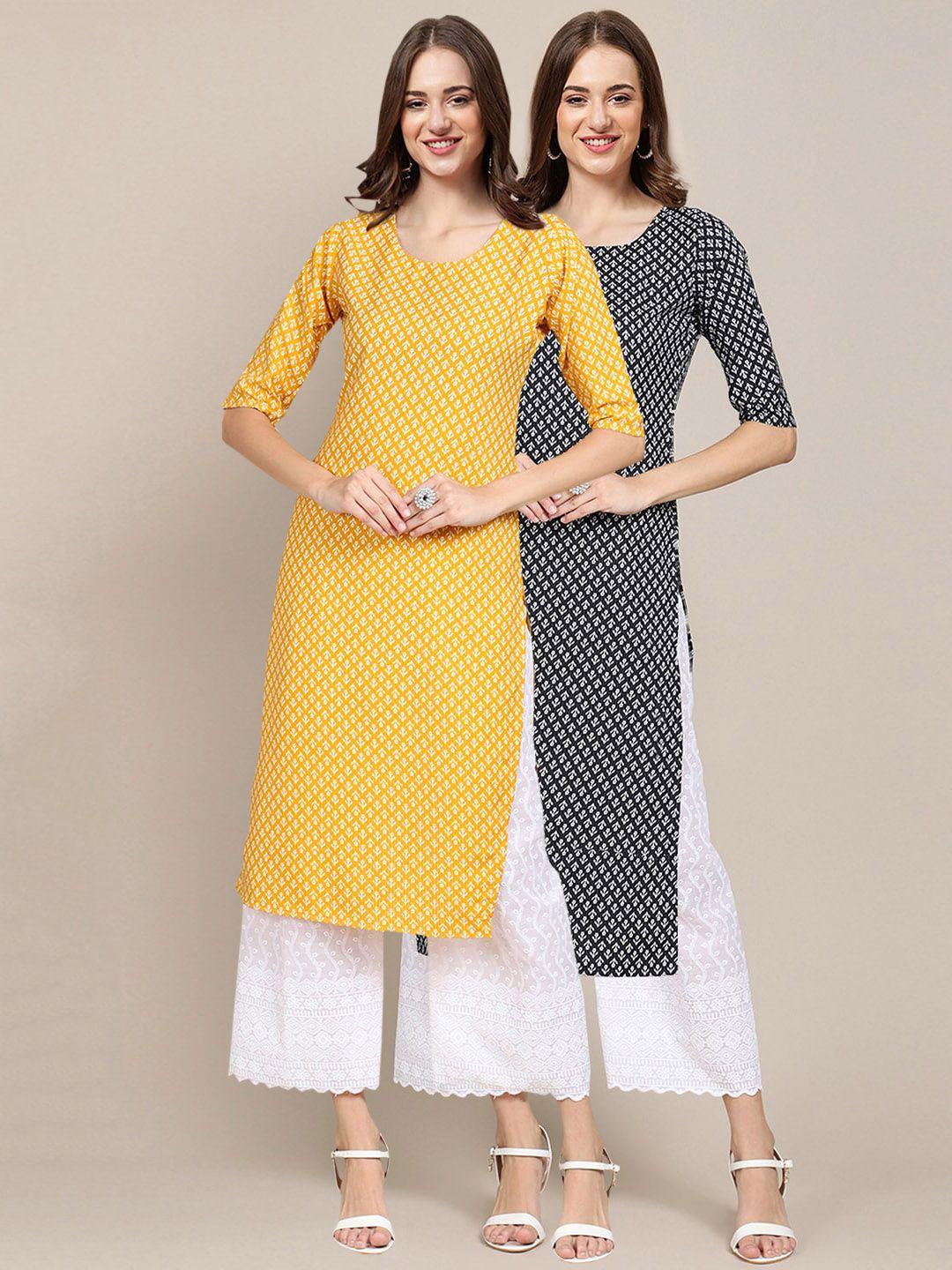 kalini women pack of 2 yellow & black geometric printed summer sheers crepe kurta