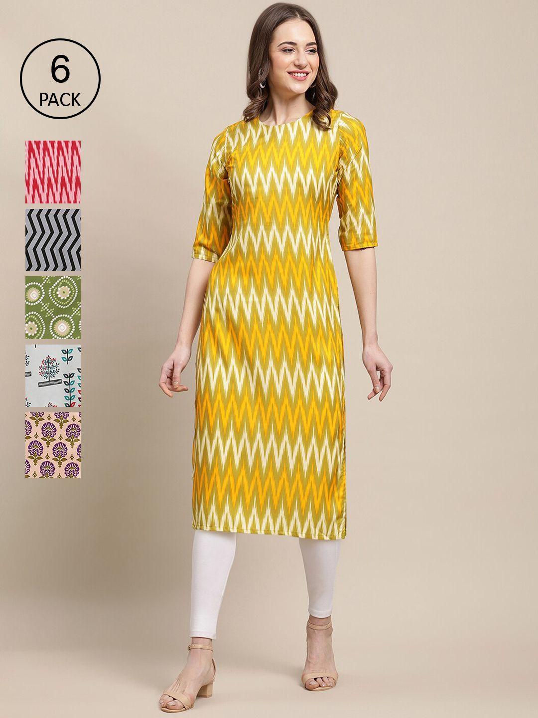 kalini women pack of 6 yellow & red printed crepe kurta