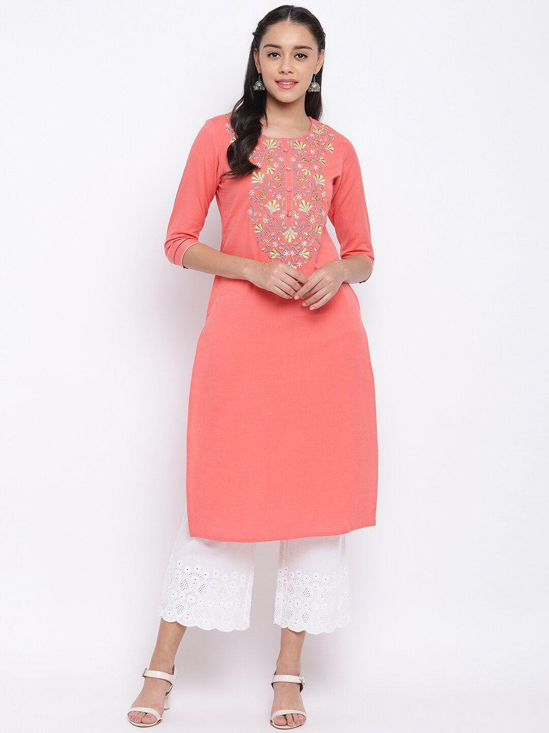 kalini women peach-coloured & gold-toned ethnic motifs yoke design thread work kurta