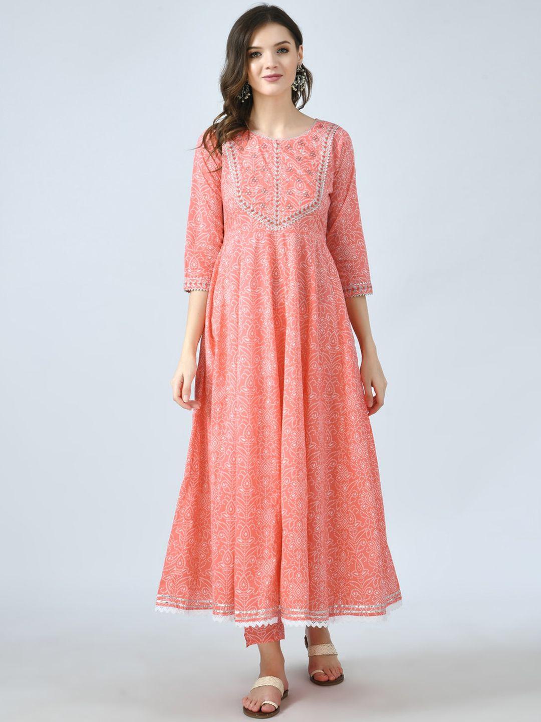 kalini women peach-coloured bandhani printed empire gotta patti kurta set