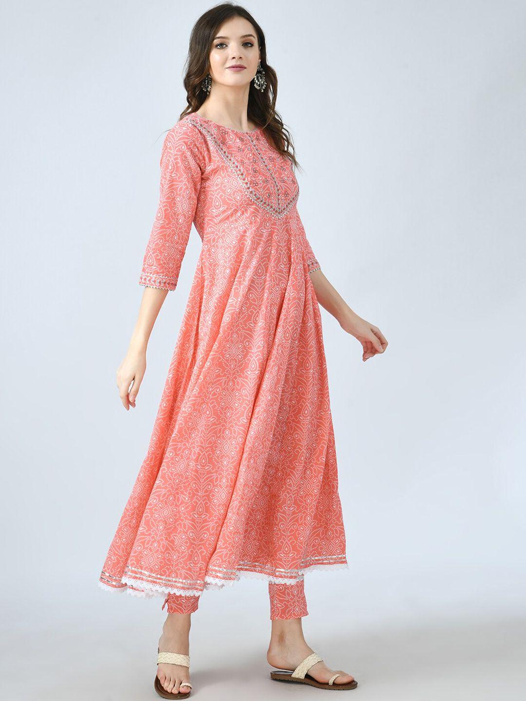 kalini women peach-coloured bandhani printed high slit kurti with trousers