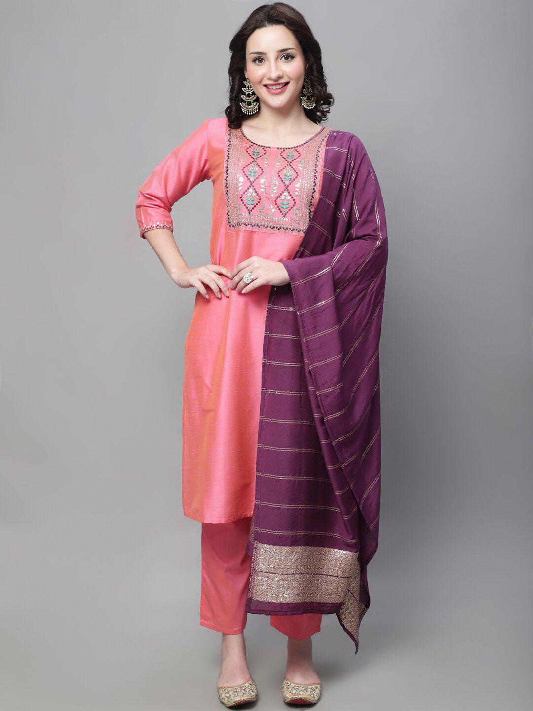 kalini women peach-coloured ethnic motifs embroidered regular kurta with trousers & with dupatta