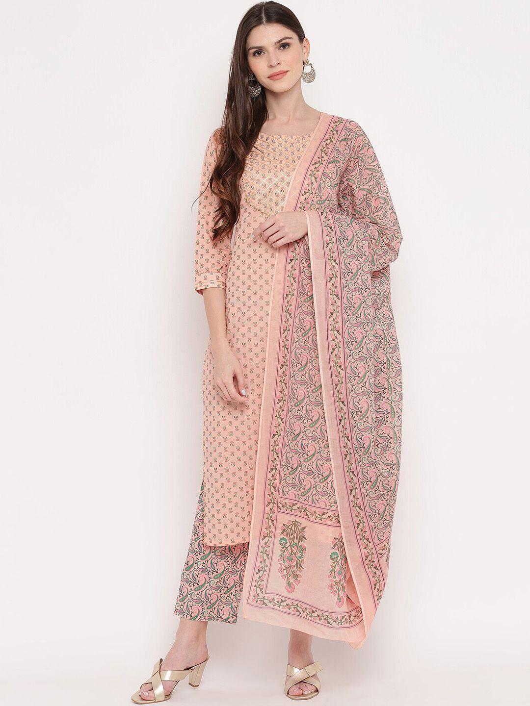 kalini women peach-coloured ethnic motifs printed panelled gotta patti pure cotton kurta with trousers &