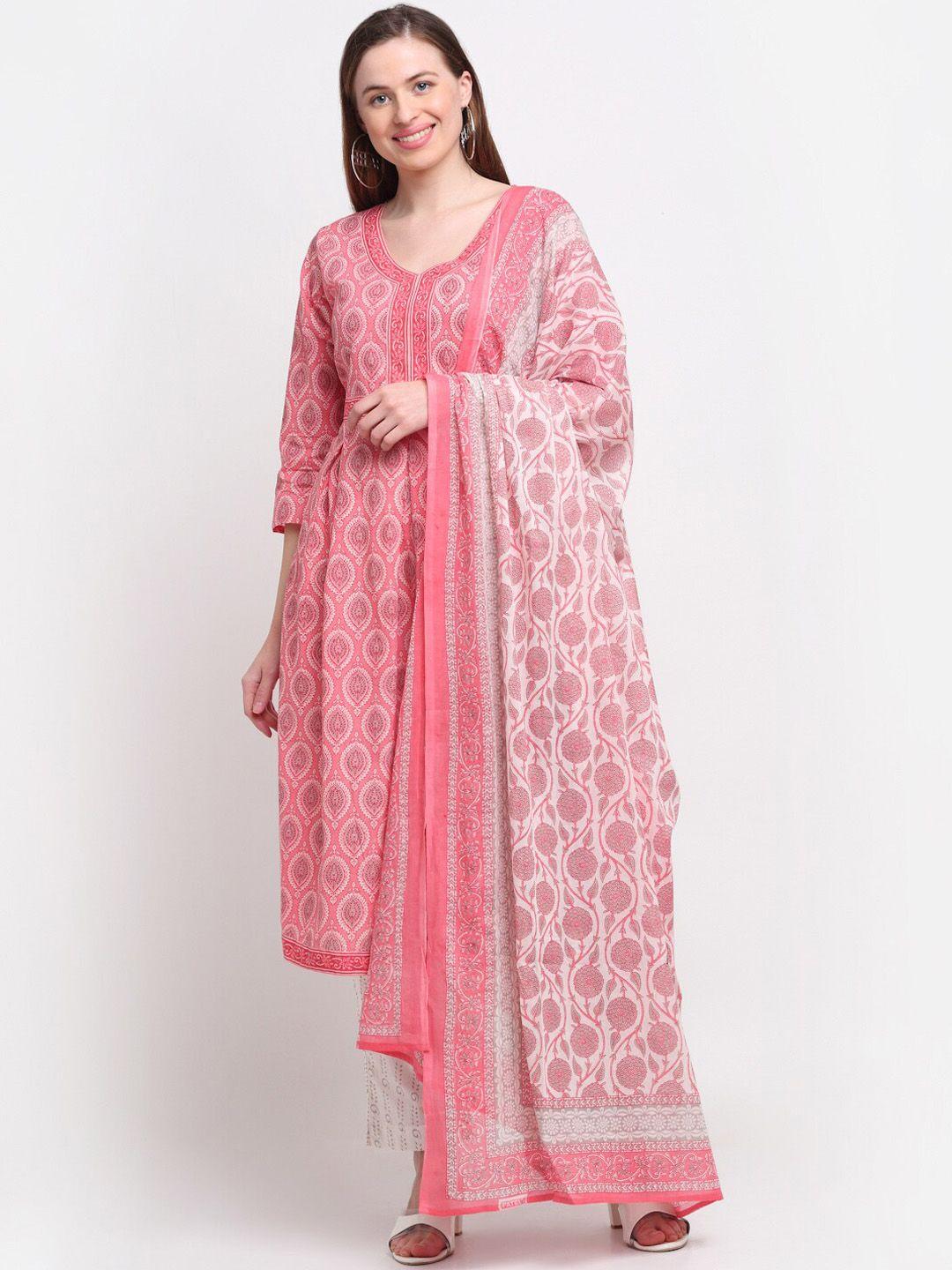 kalini women peach-coloured ethnic motifs printed pleated pure cotton kurta with palazzos & with dupatta