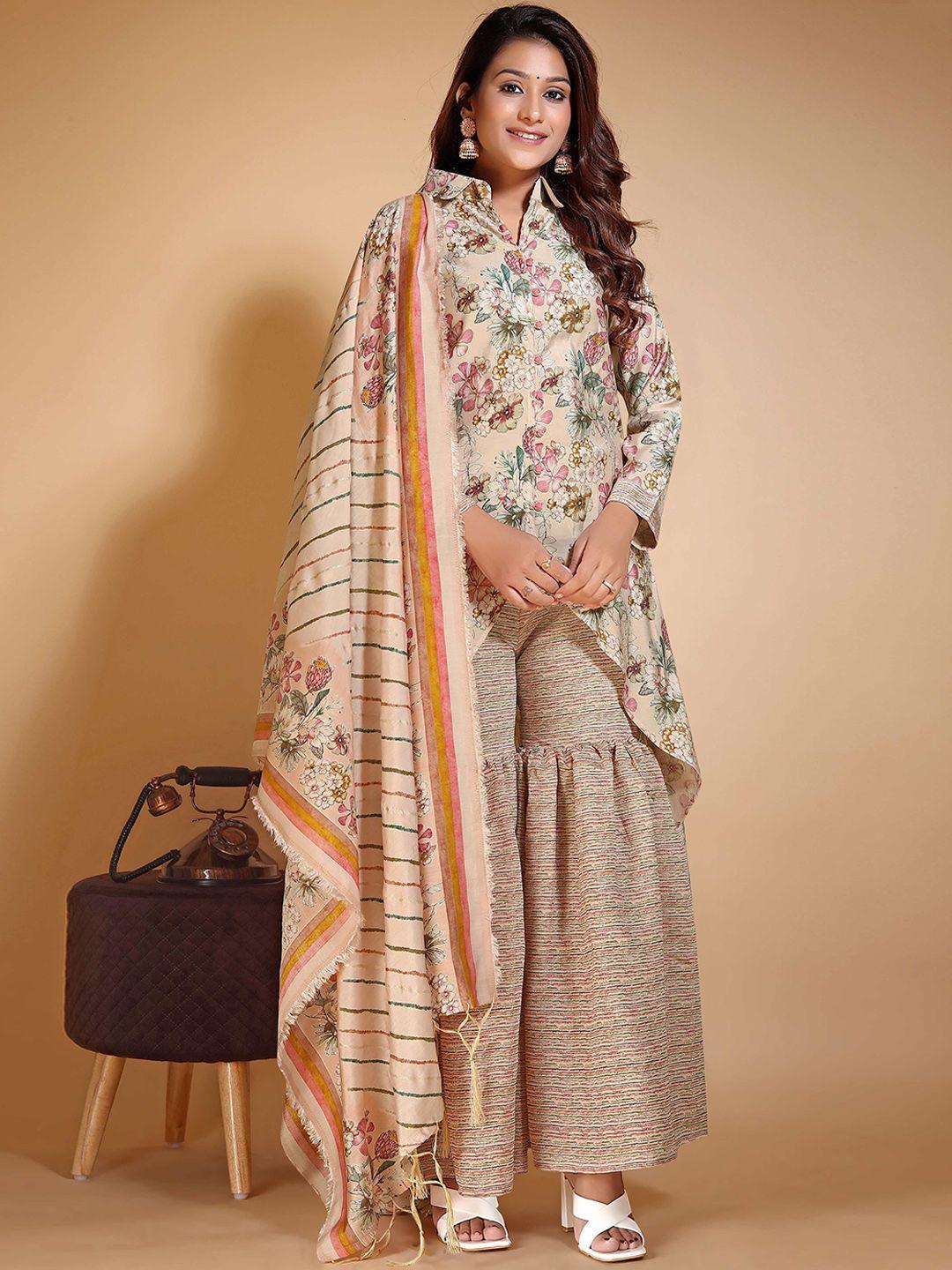 kalini women peach-coloured ethnic motifs printed regular chanderi cotton kurti with sharara & with dupatta