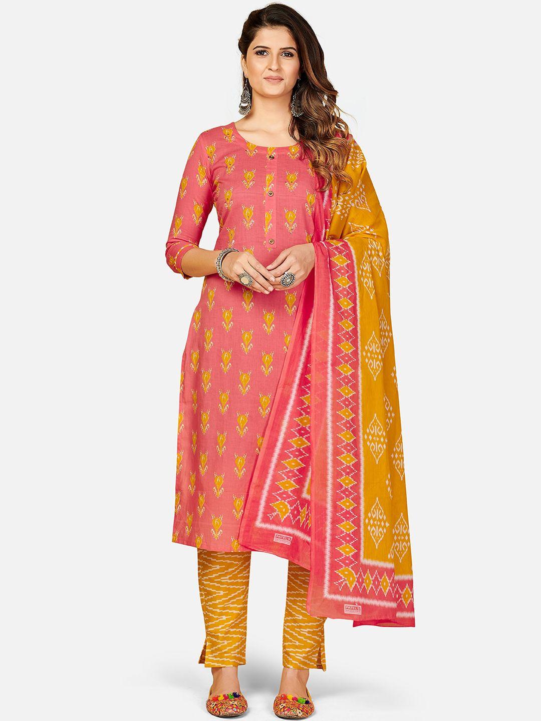 kalini women peach-coloured ethnic motifs printed thread work pure cotton kurta with trousers & with dupatta