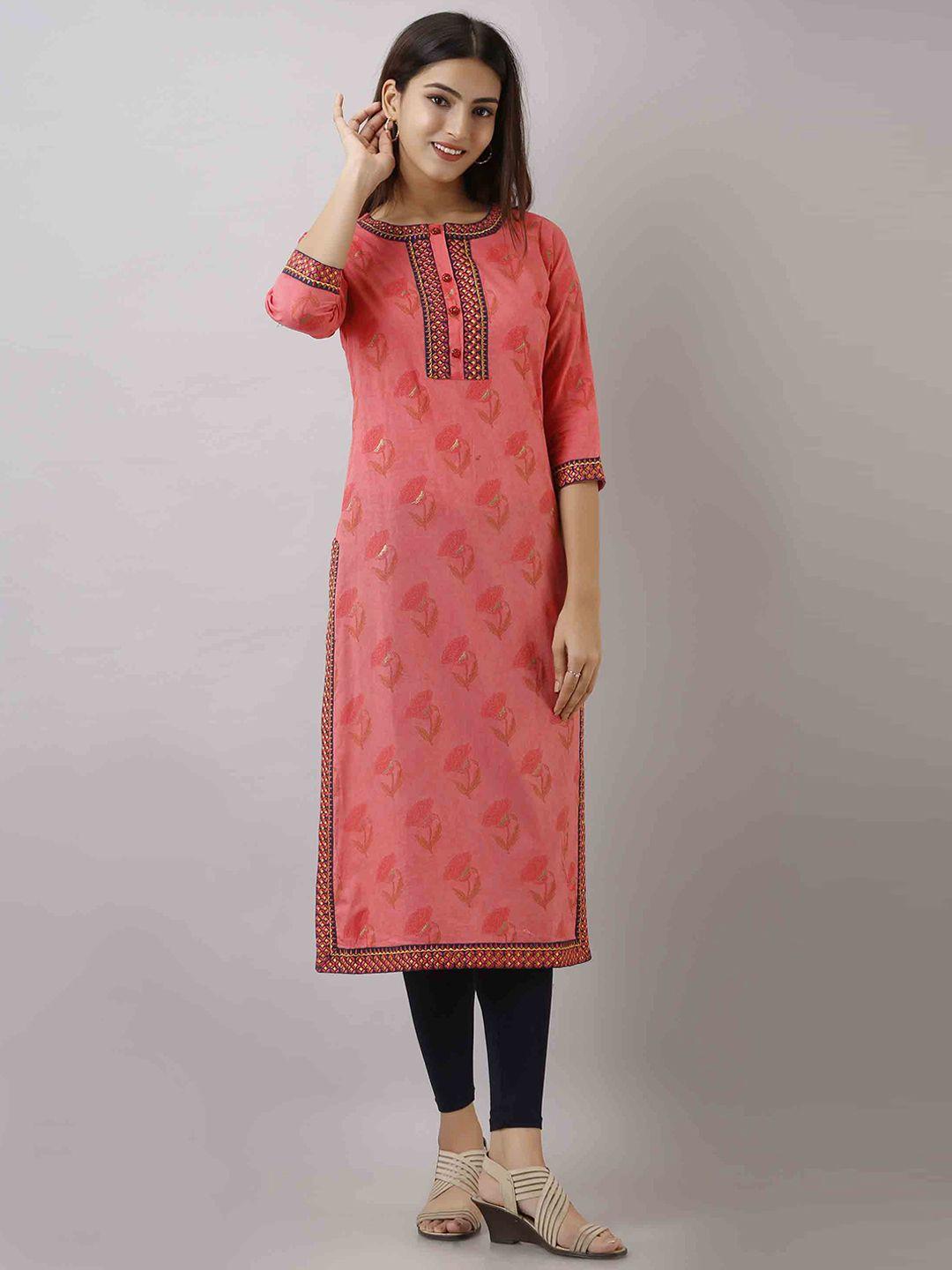 kalini women peach-coloured floral block print kurta