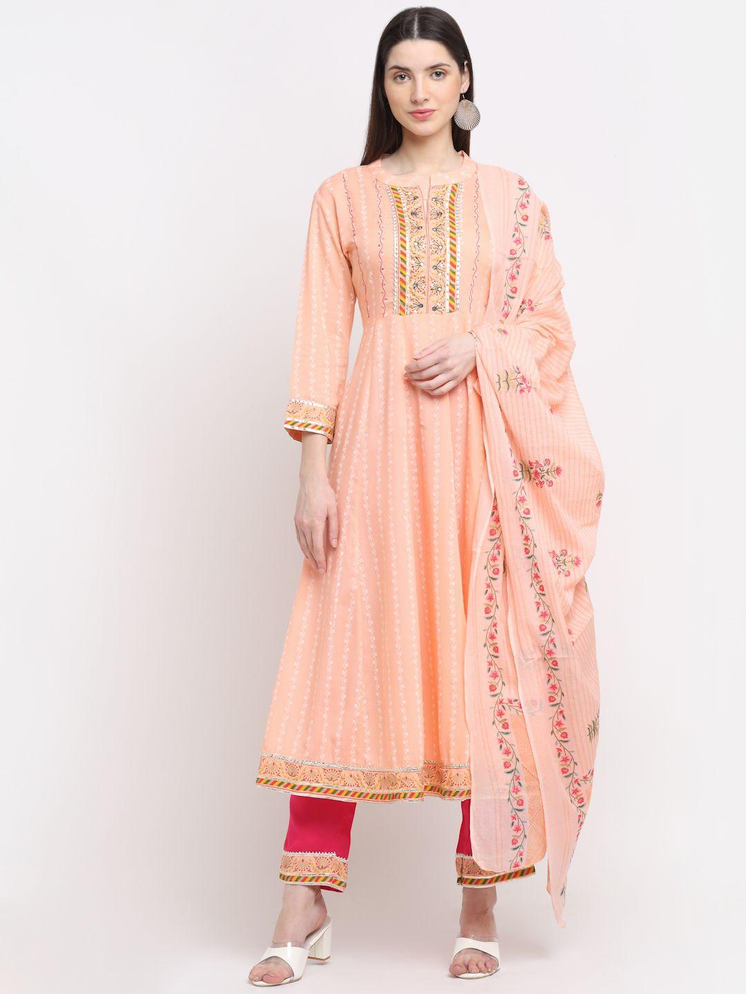kalini women peach-coloured floral embroidered kurta with trousers & with dupatta