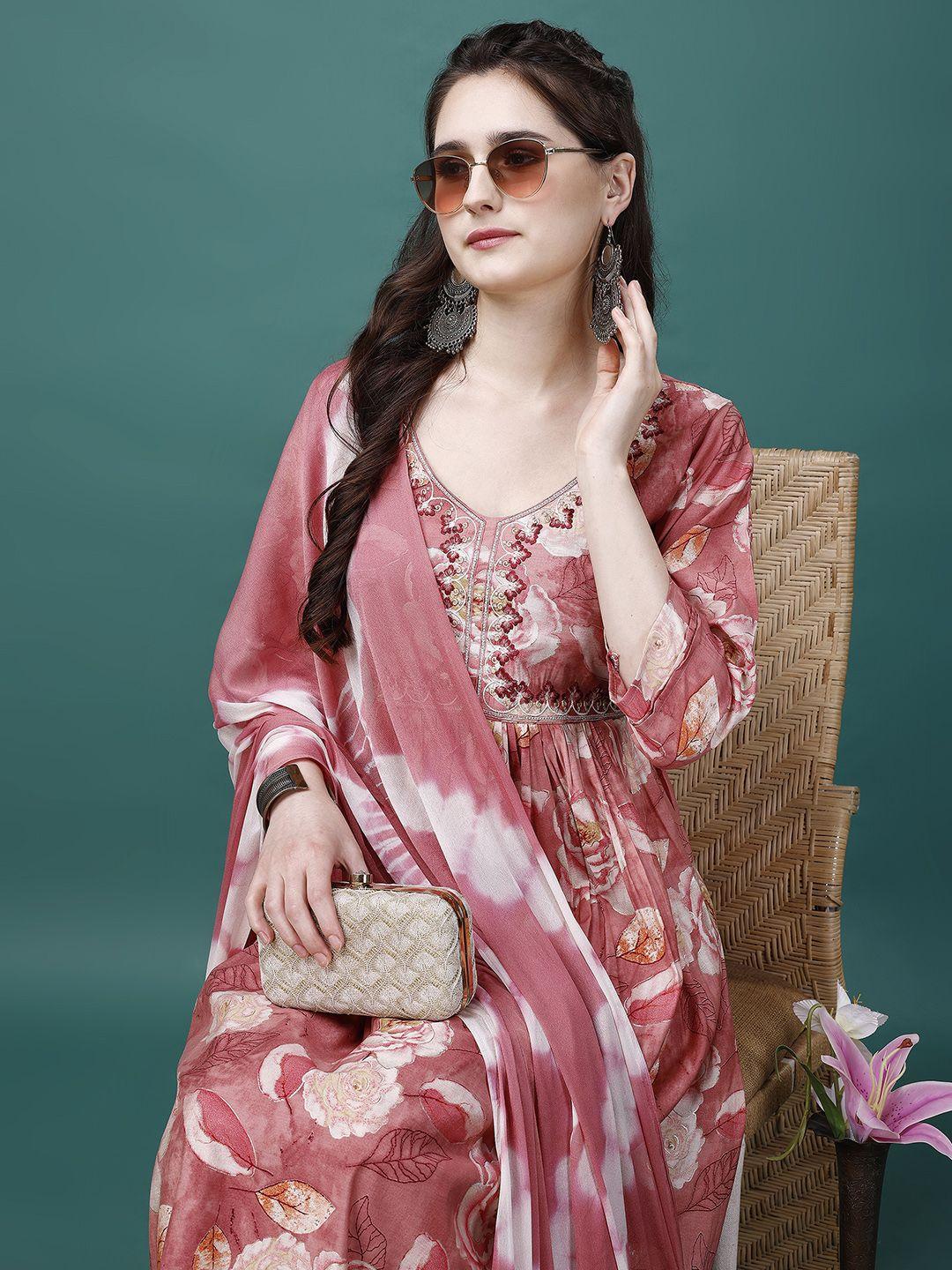 kalini women peach-coloured floral embroidered pleated thread work kurta with trousers & with dupatta