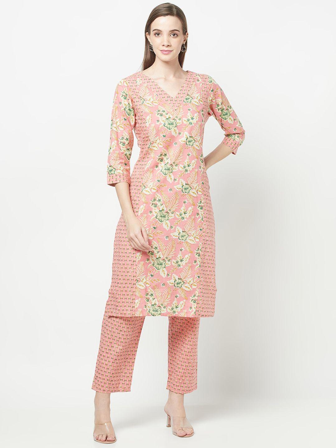 kalini women peach-coloured floral printed pure cotton kurta with trousers & with dupatta