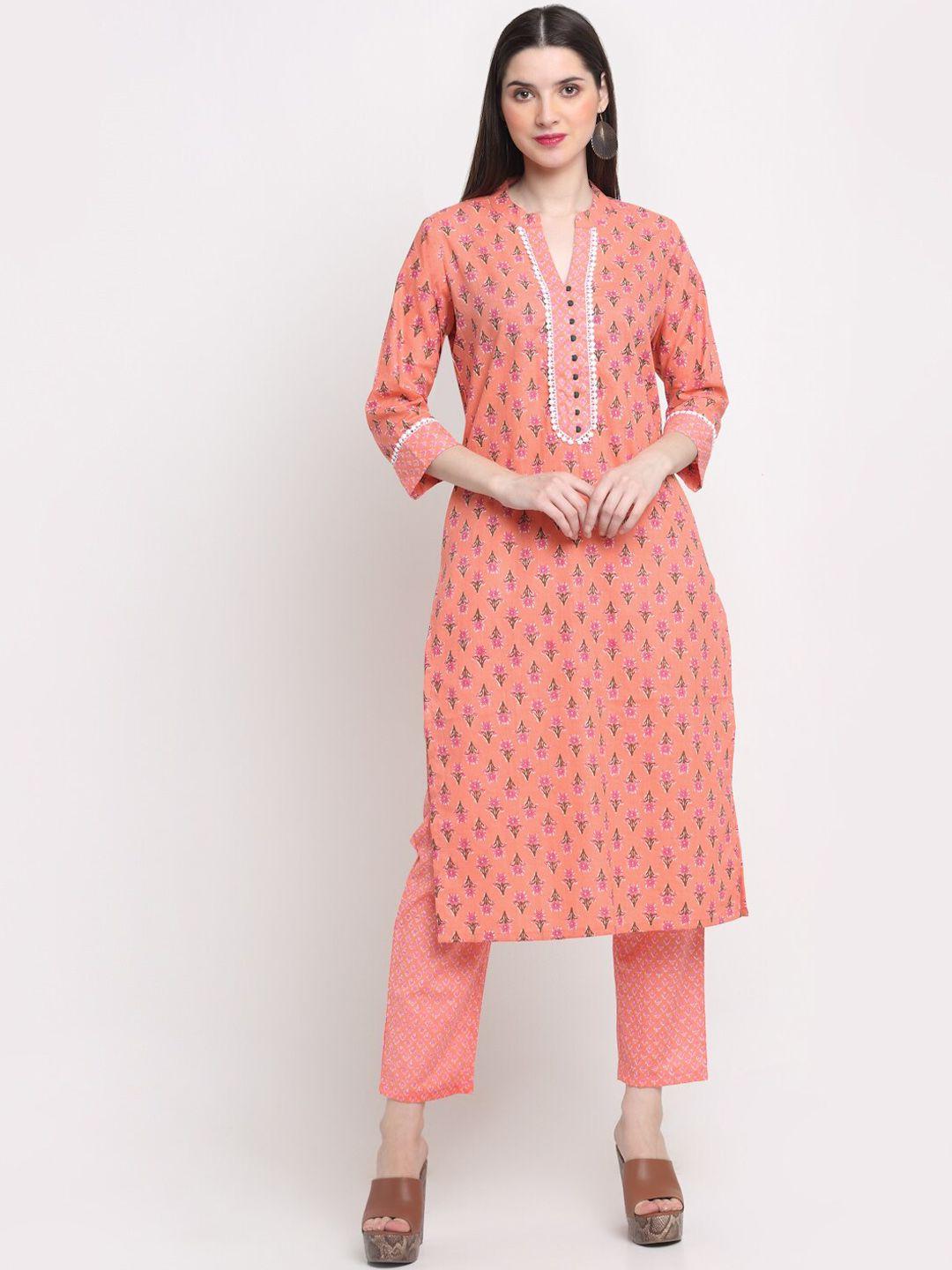 kalini women peach-coloured floral printed pure cotton kurta with trousers & with dupatta