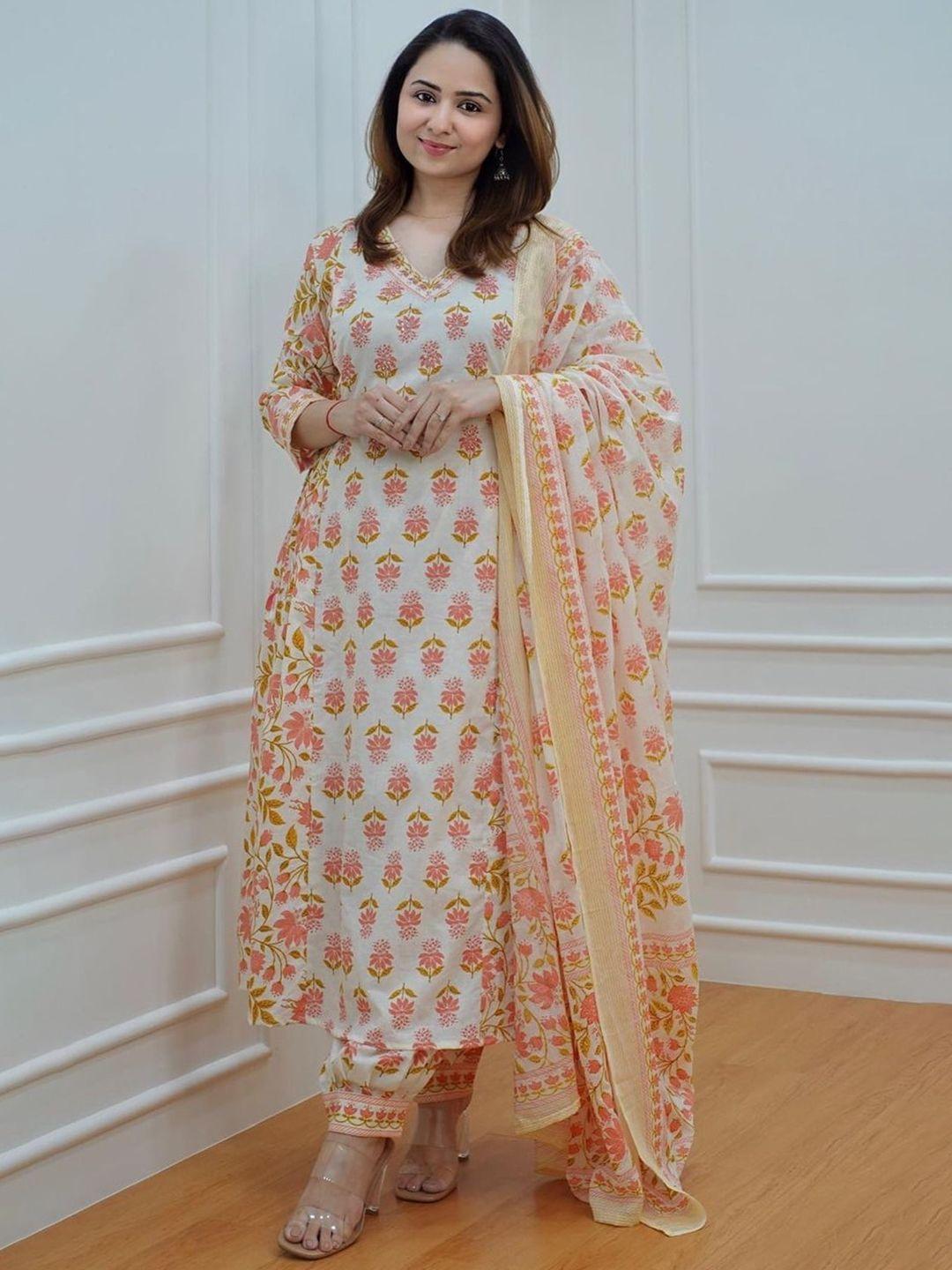 kalini women peach-coloured floral printed regular pure cotton kurta with trousers & with dupatta