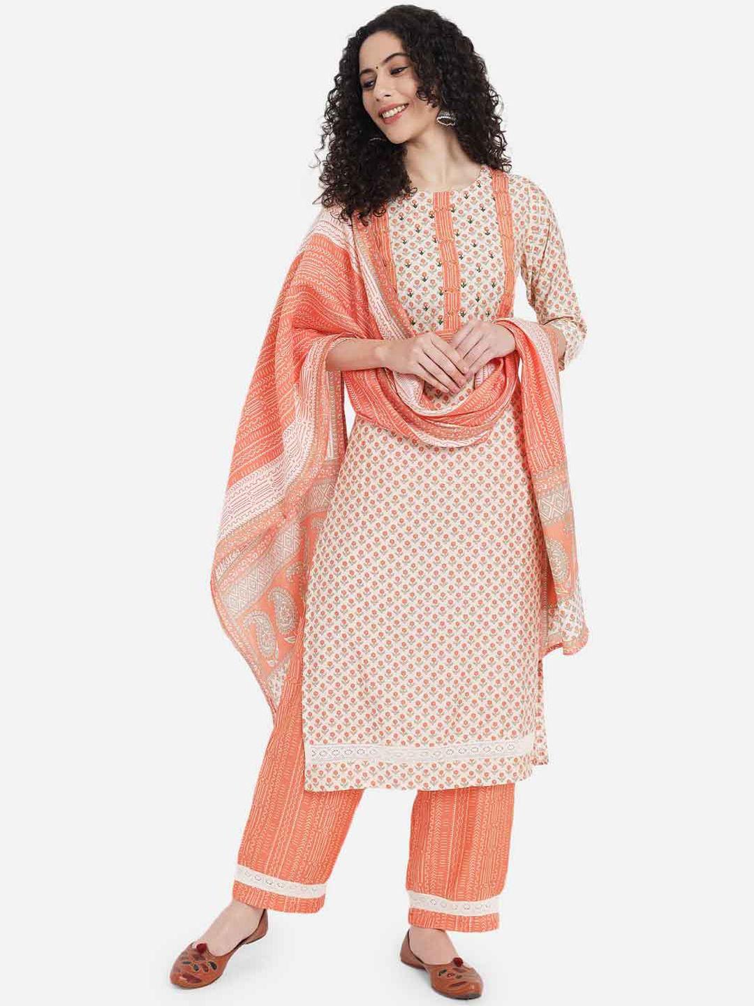 kalini women peach-coloured floral printed regular sequinned chanderi cotton kurta with palazzos & with