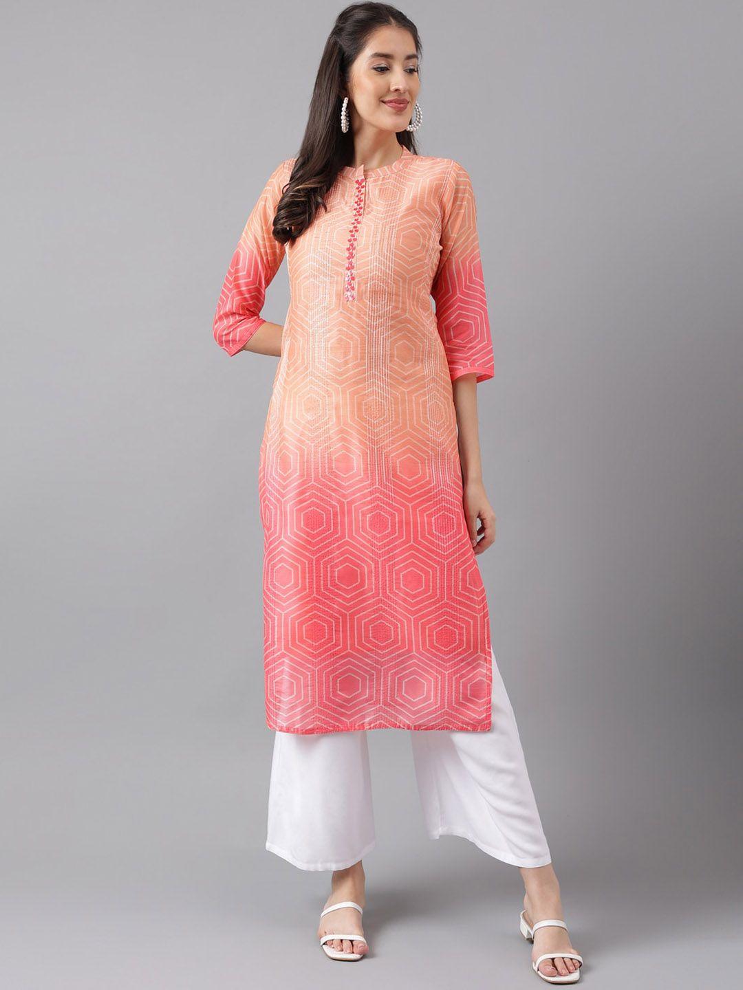 kalini women peach-coloured geometric dyed keyhole neck flared sleeves sequinned kurta