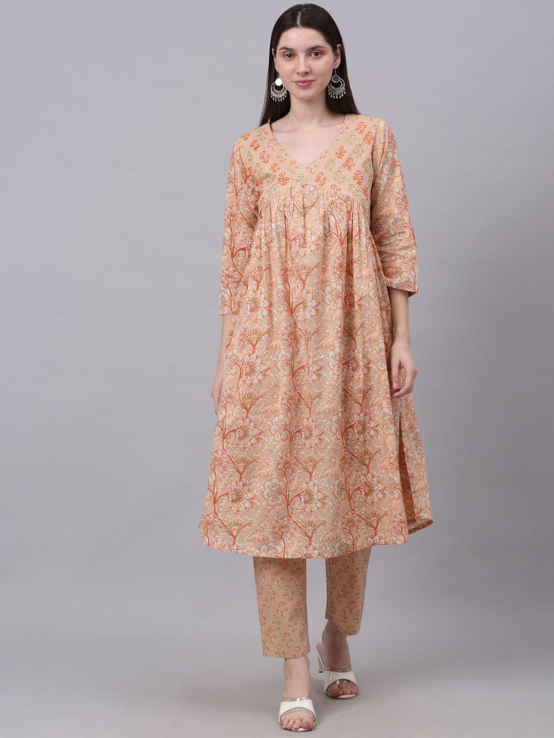 kalini women peach-coloured printed pure cotton kurta with trousers