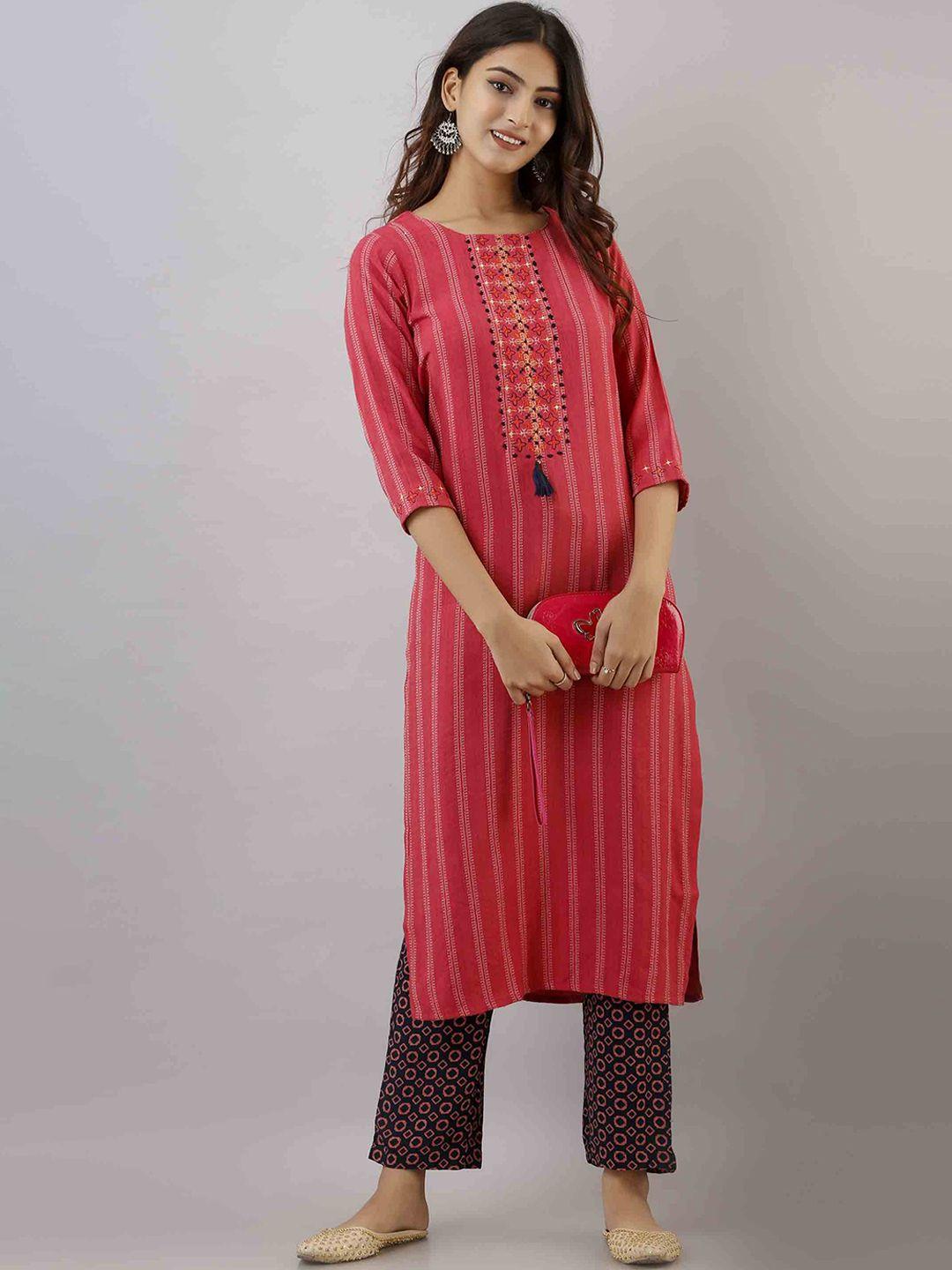 kalini women peach-coloured striped kurta with trousers