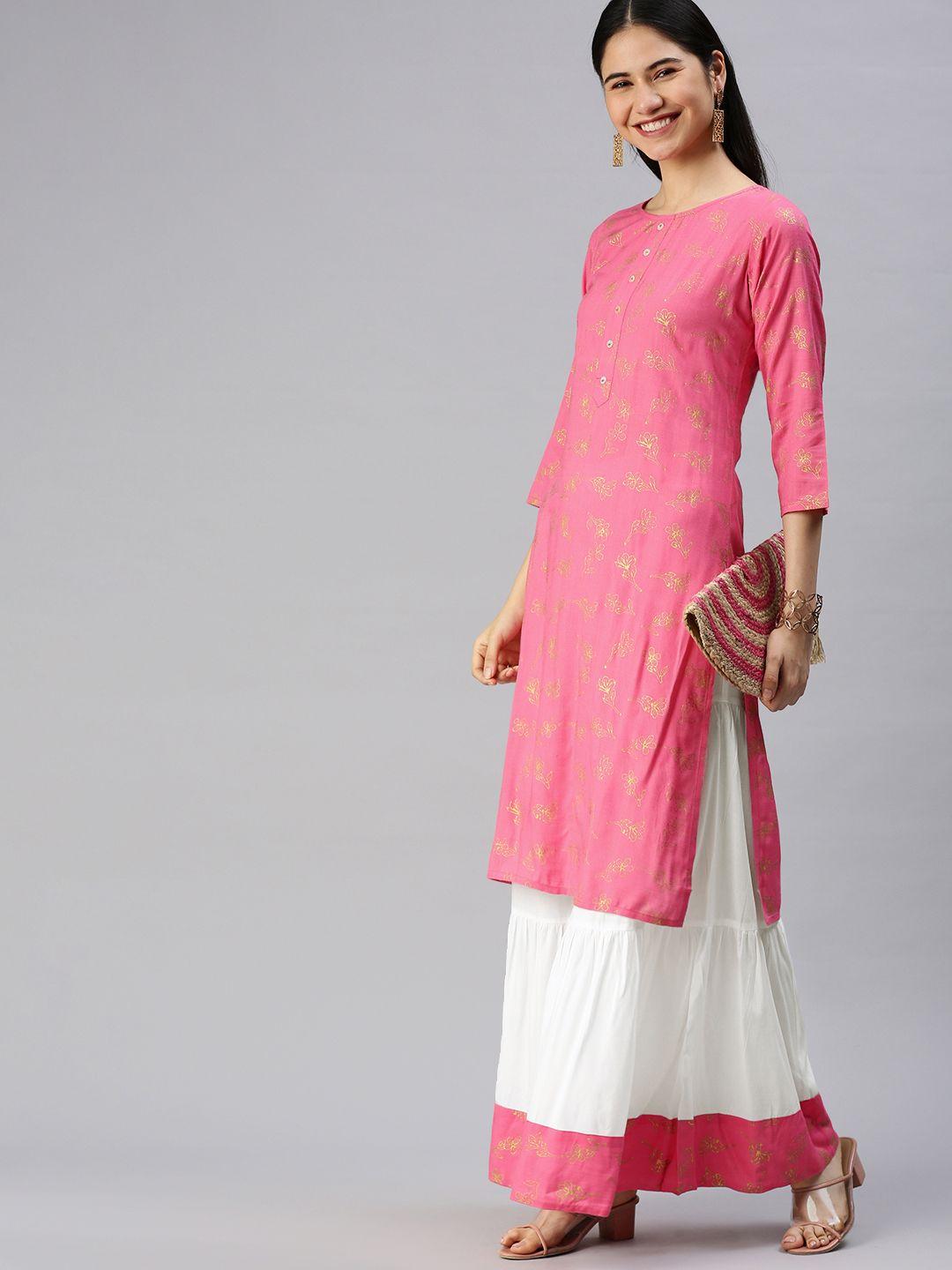 kalini women pink & golden floral print kurta with sharara