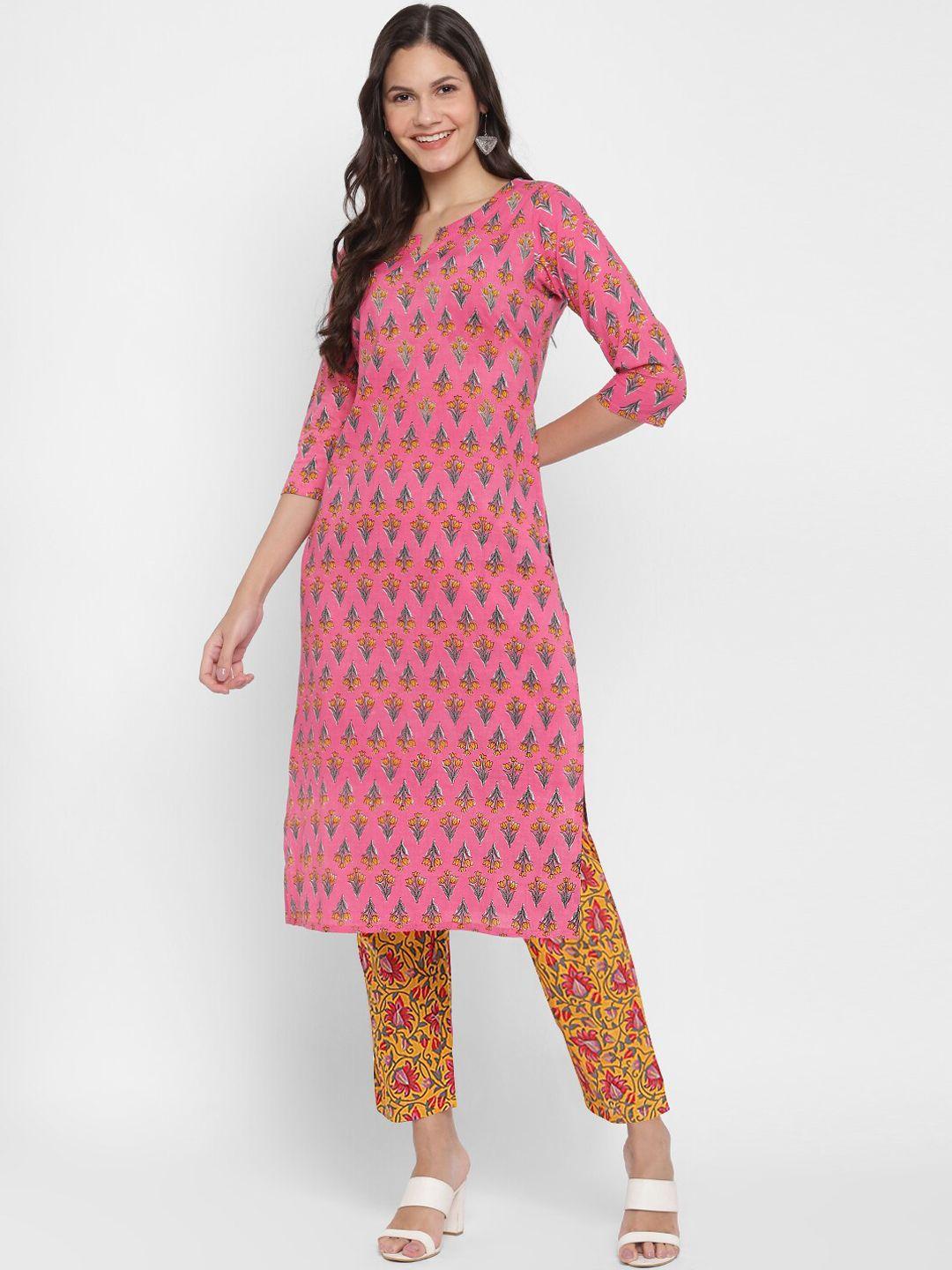 kalini women pink & mustard floral printed pure cotton kurti with trousers