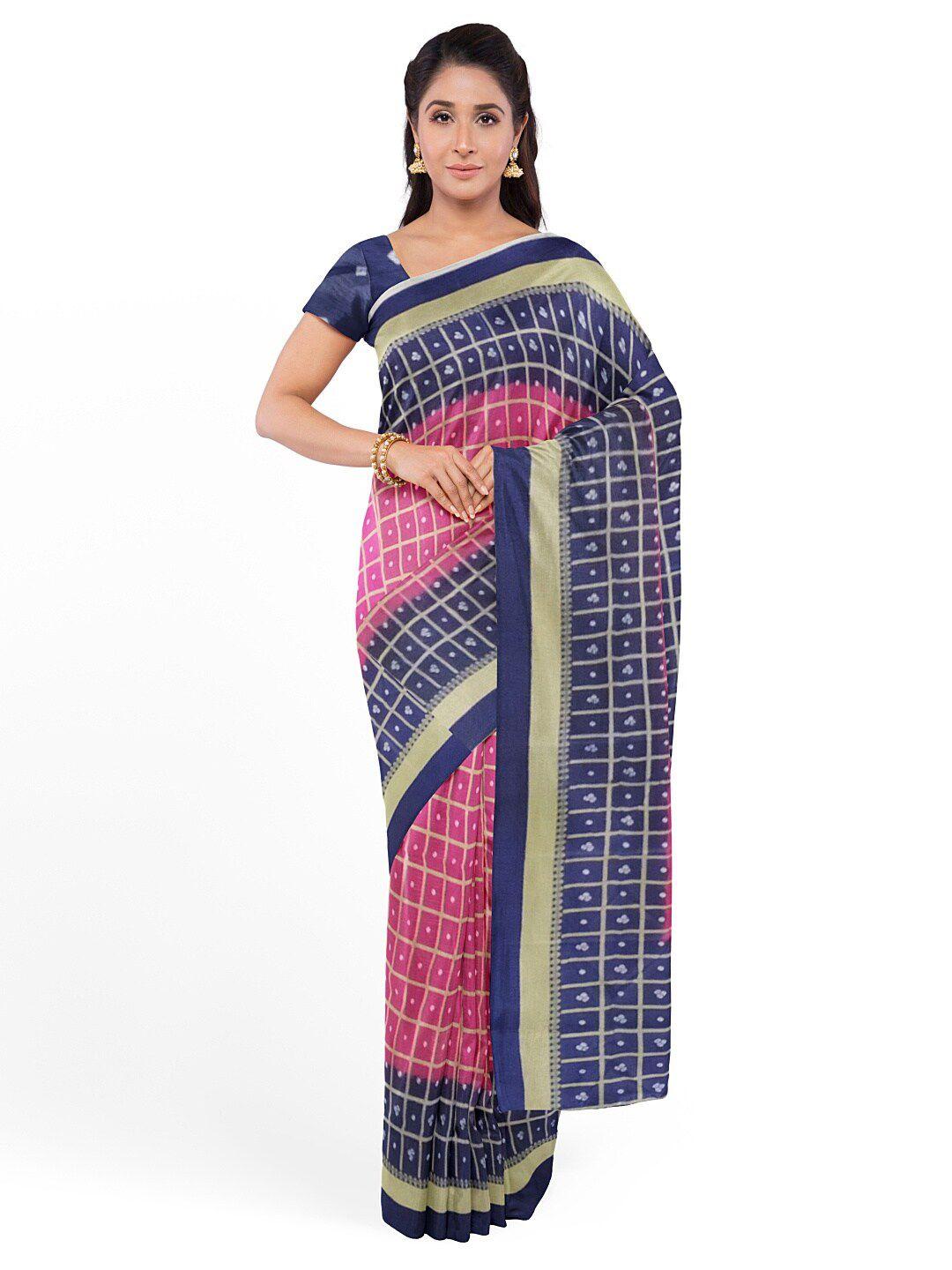 kalini women pink & navy blue bandhani silk blend fusion bandhani saree