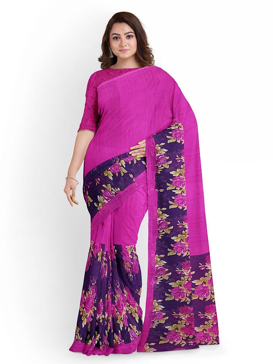 kalini women pink & navy blue floral printed pure georgette fusion saree