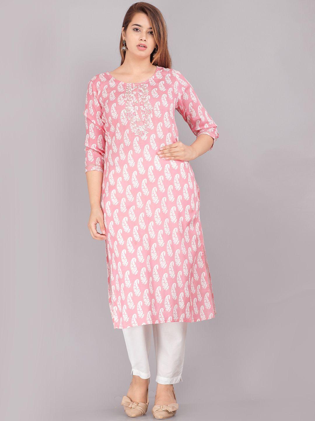 kalini women pink & white ethnic motifs printed thread work floral kurta