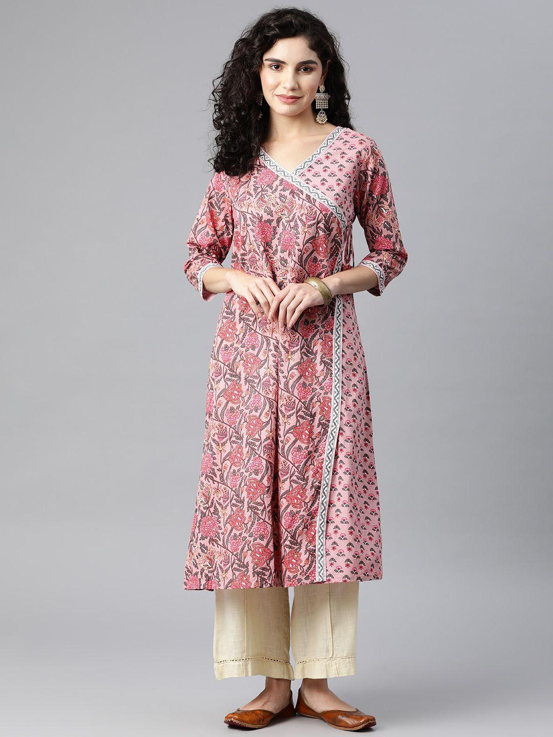 kalini women pink & white floral printed floral kurta