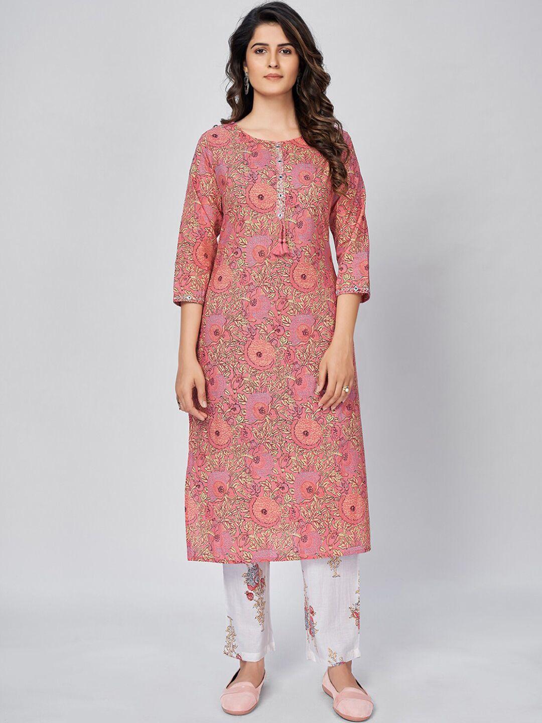 kalini women pink & white floral printed pure cotton kurta with trouser & with dupatta