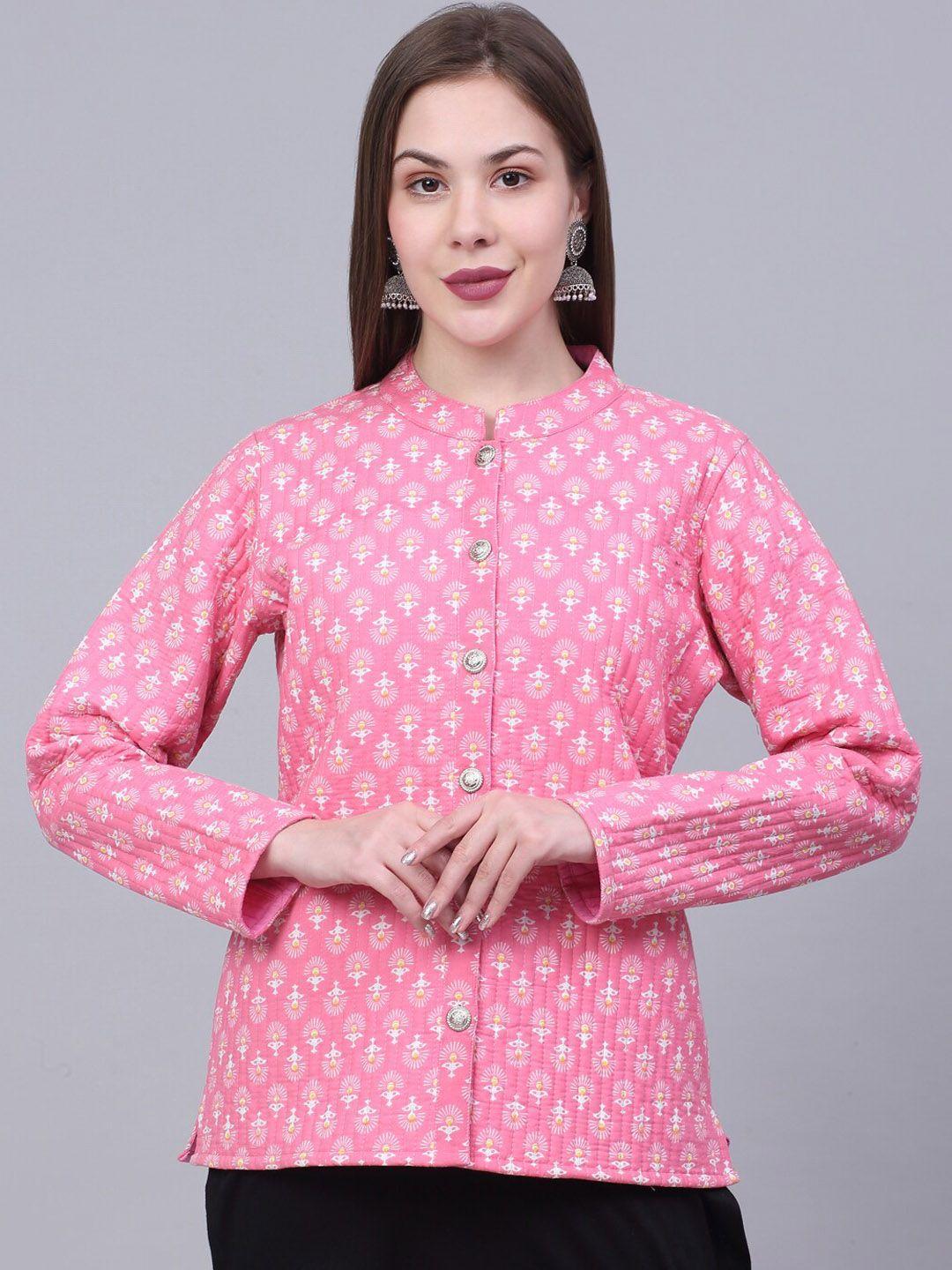 kalini women pink & white geometric printed cotton lightweight tailored jacket
