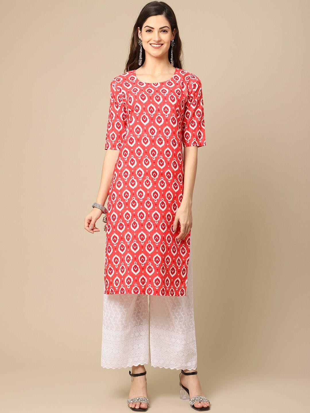 kalini women pink & white printed crepe straight kurta