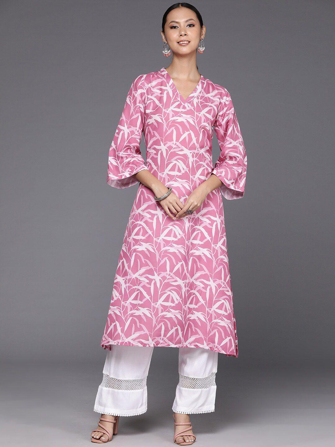 kalini women pink & white printed flared sleeves kurta