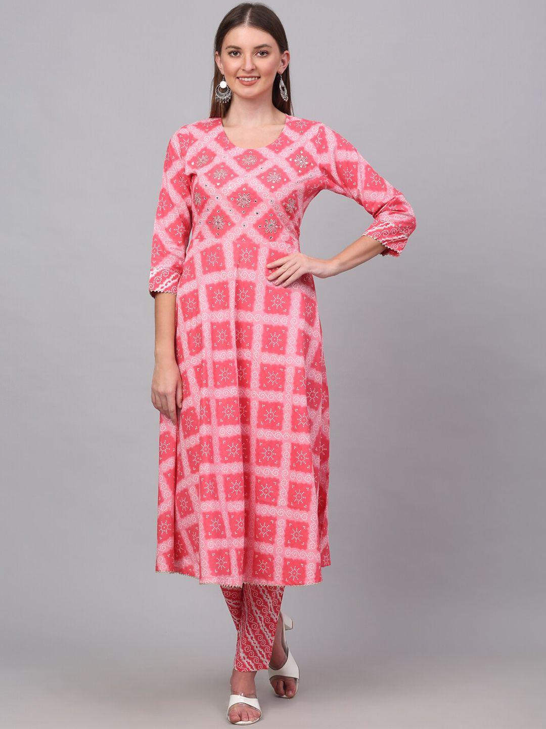 kalini women pink bandhani printed beads and stones pure cotton kurta with trousers & with dupatta