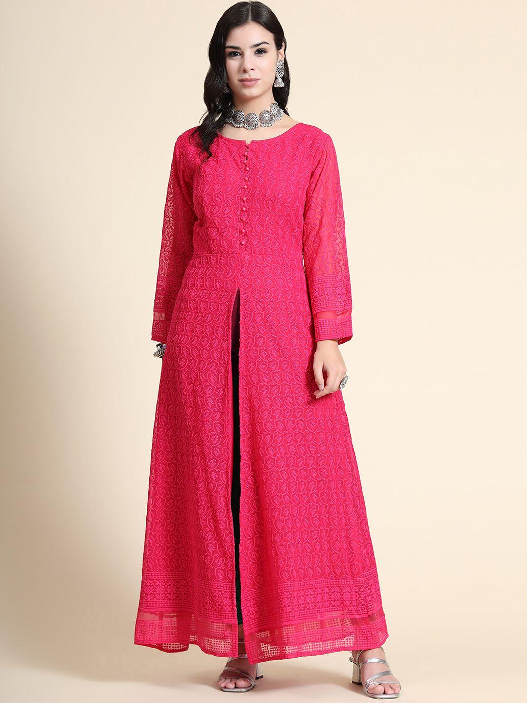 kalini women pink chikankari embroidered  maxi length ethnic dress