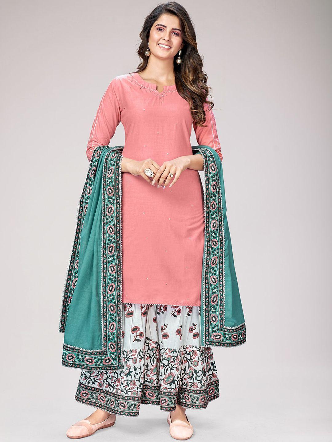 kalini women pink ethnic motifs layered sequinned pure cotton kurta with skirt & with dupatta