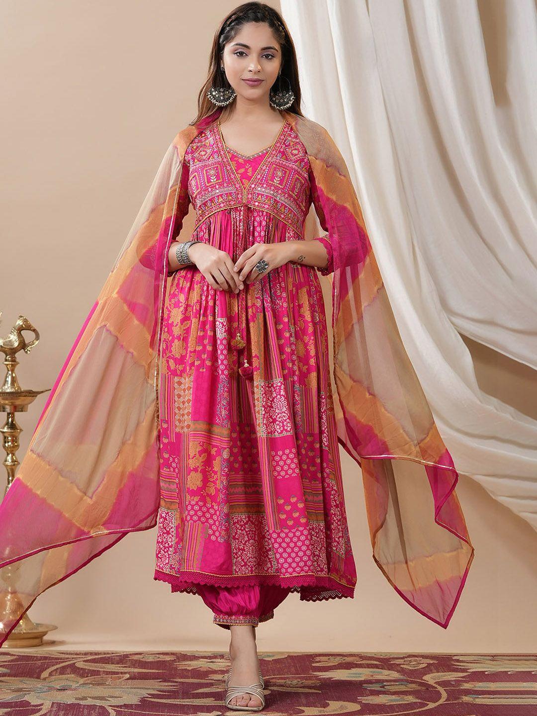 kalini women pink ethnic motifs printed empire thread work pure cotton kurta with trousers & with dupatta