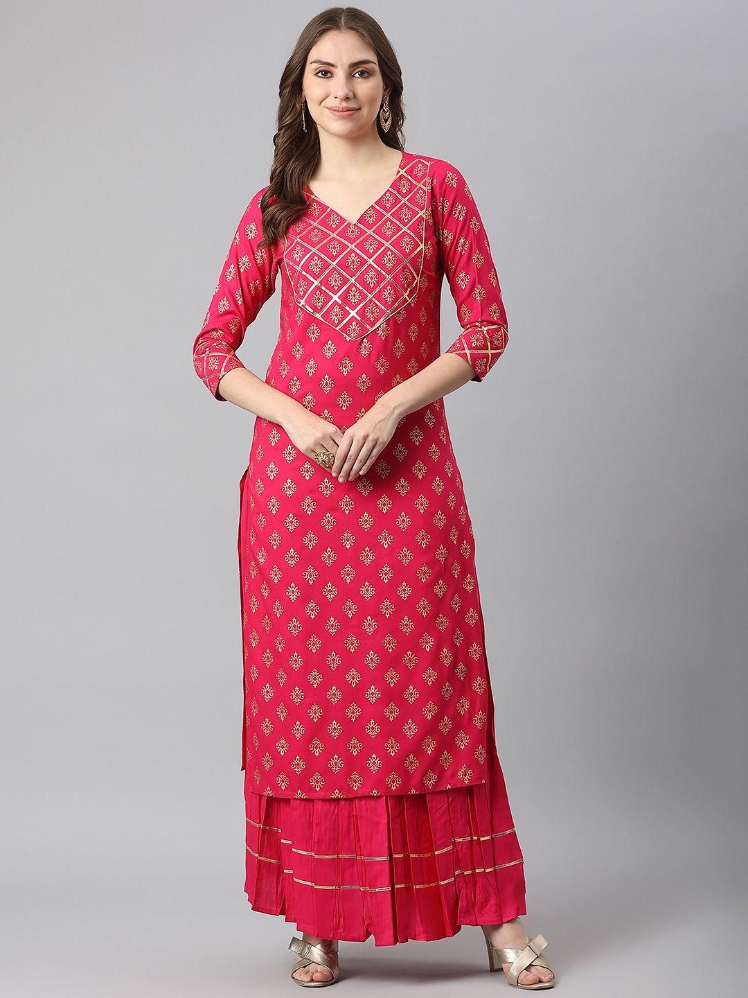 kalini women pink ethnic motifs printed gotta patti kurta with skirt