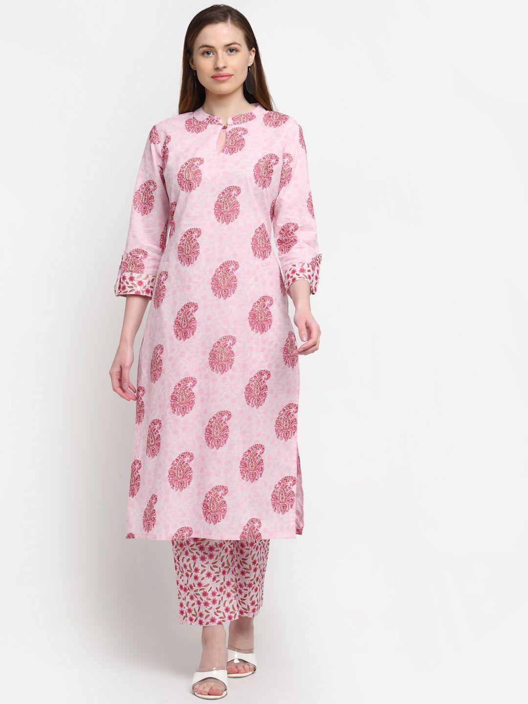 kalini women pink ethnic motifs printed pure cotton kurta with trousers