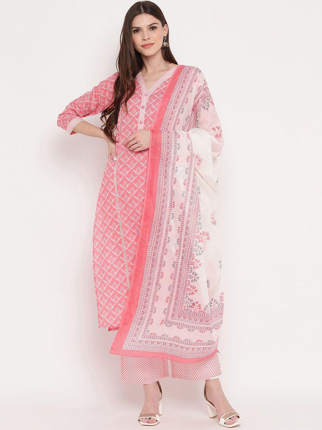 kalini women pink ethnic motifs printed pure cotton kurti with palazzos & with dupatta