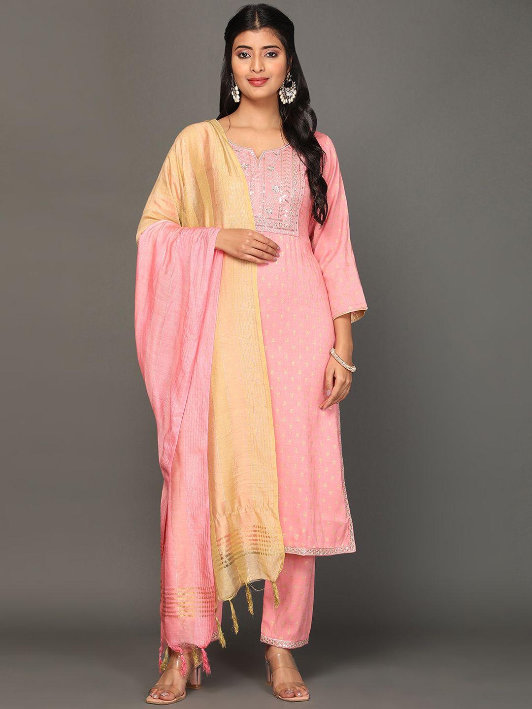 kalini women pink ethnic motifs printed regular kurta with trousers & with dupatta