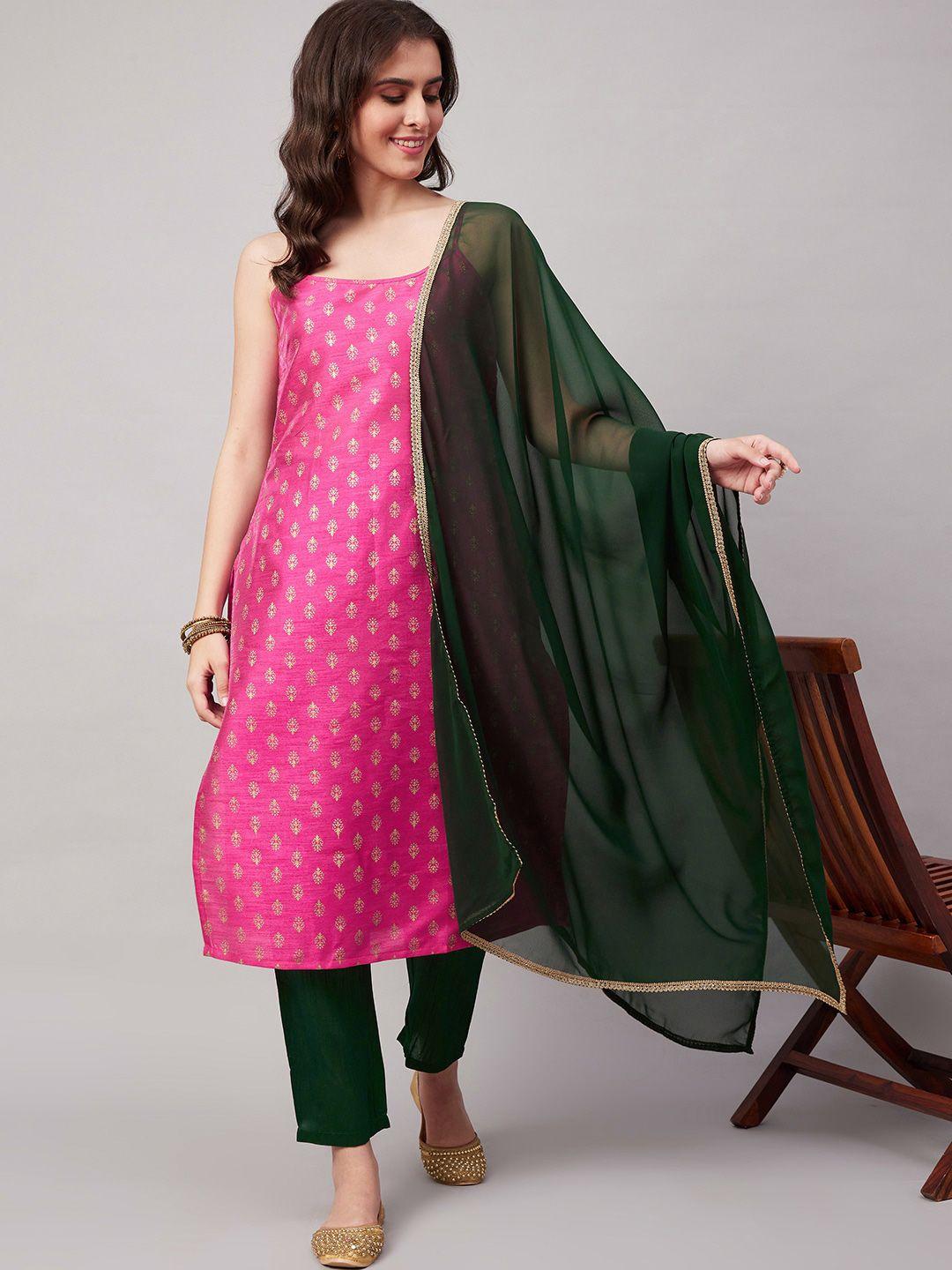 kalini women pink ethnic motifs printed regular kurta with trousers & with dupatta