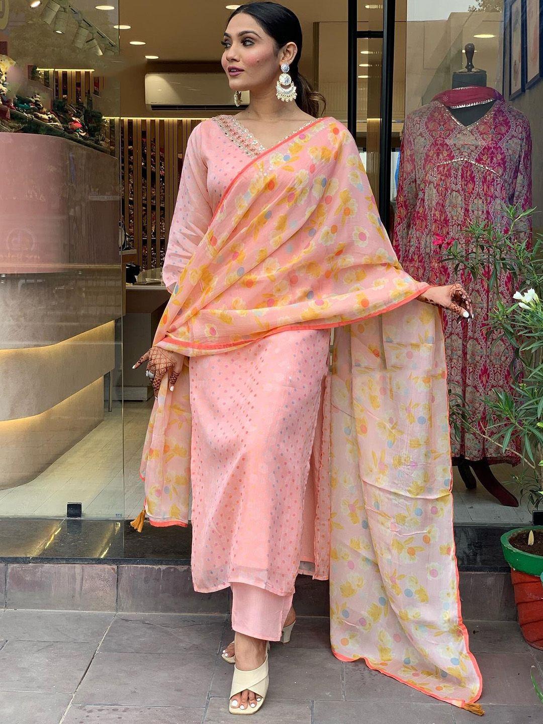 kalini women pink ethnic motifs printed regular sequinned kurta with trousers & with dupatta