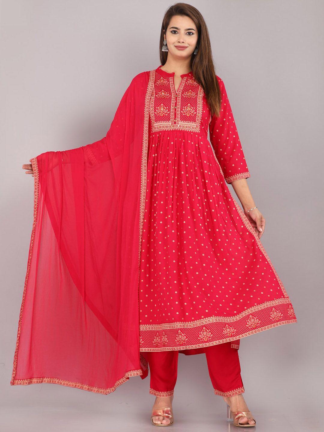 kalini women pink ethnic motifs printed regular thread work kurta with trousers & with dupatta