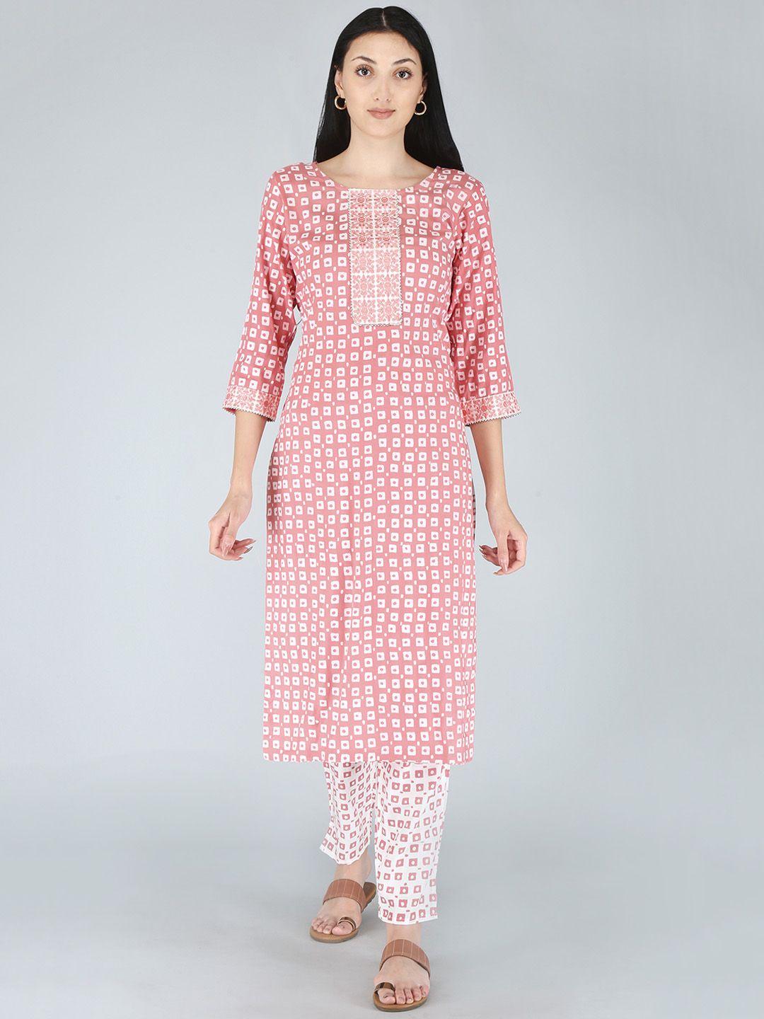 kalini women pink ethnic motifs printed zardozi kurti with trousers