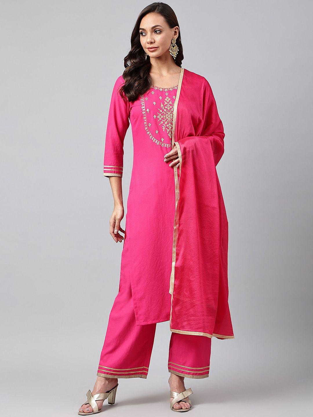 kalini women pink floral embroidered kurta with palazzos & with dupatta