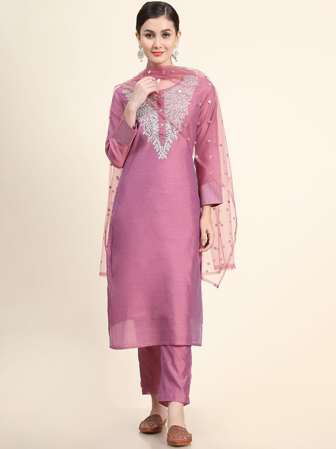 kalini women pink floral embroidered kurta with trousers & with dupatta