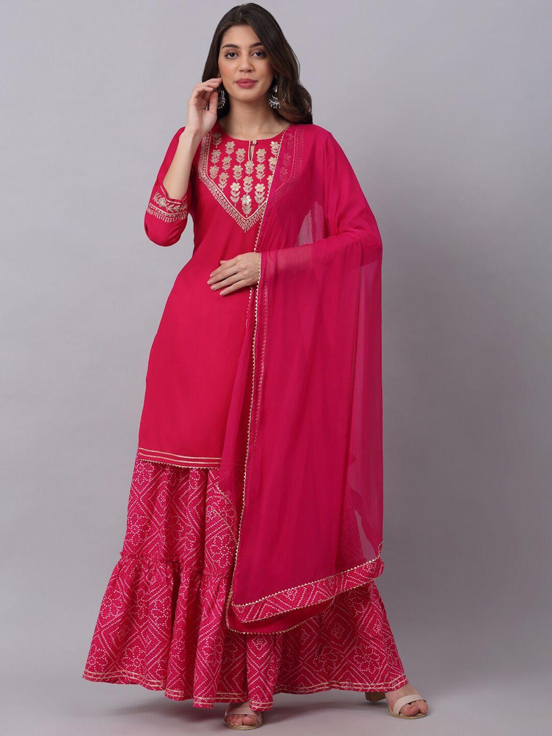 kalini women pink floral embroidered layered gotta patti kurti with sharara & with dupatta
