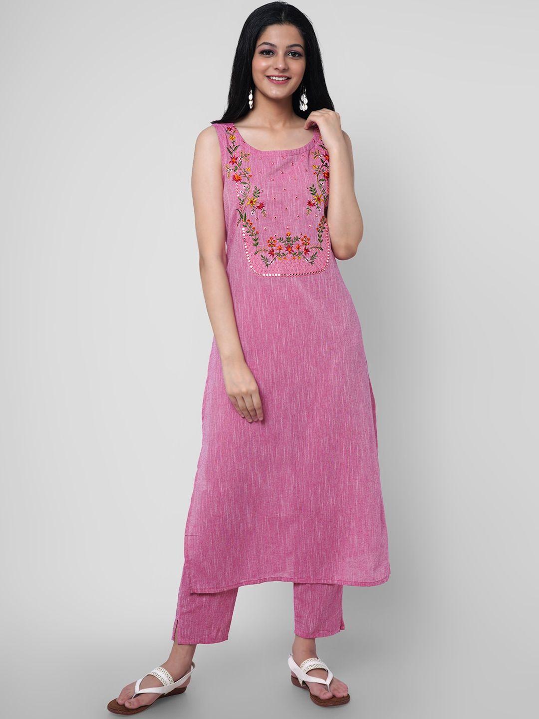 kalini women pink floral embroidered mirror work pure cotton kurta with trousers