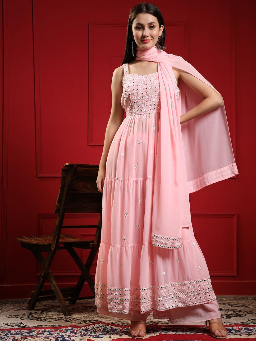 kalini women pink floral embroidered pleated mirror work kurta with sharara & with dupatta