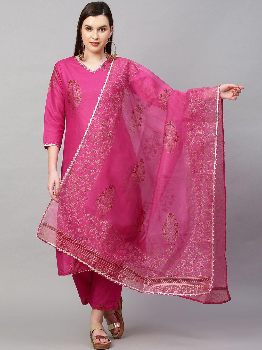 kalini women pink floral printed gotta patti kurta with trousers & with dupatta