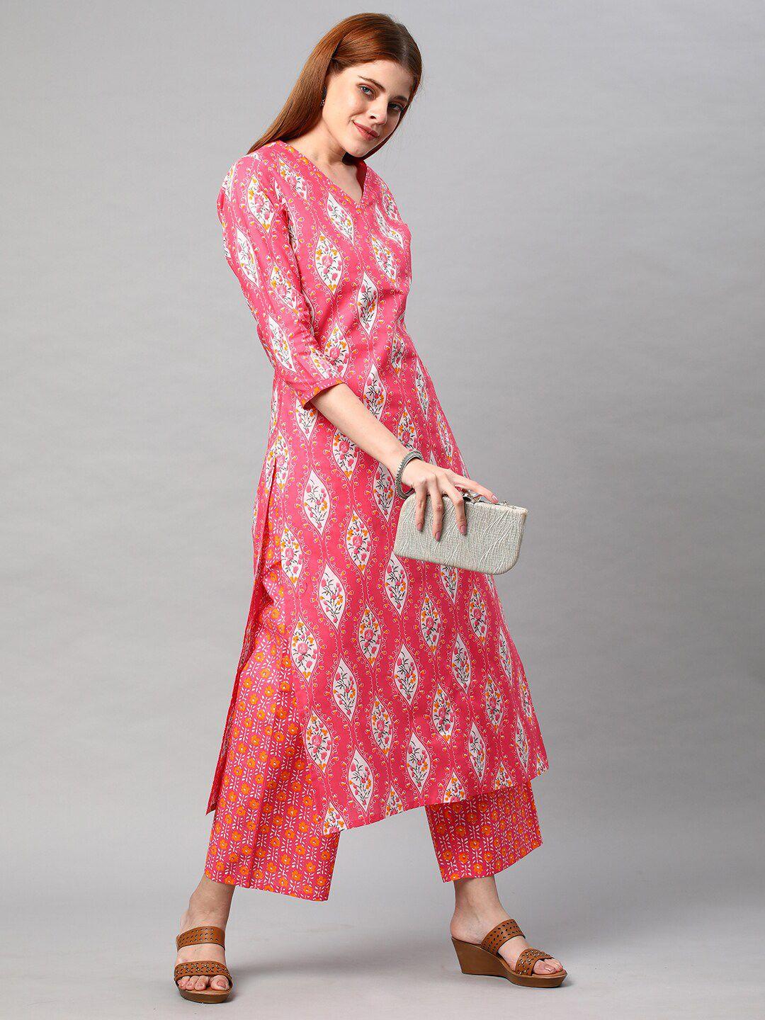 kalini women pink floral printed kurta with palazzos