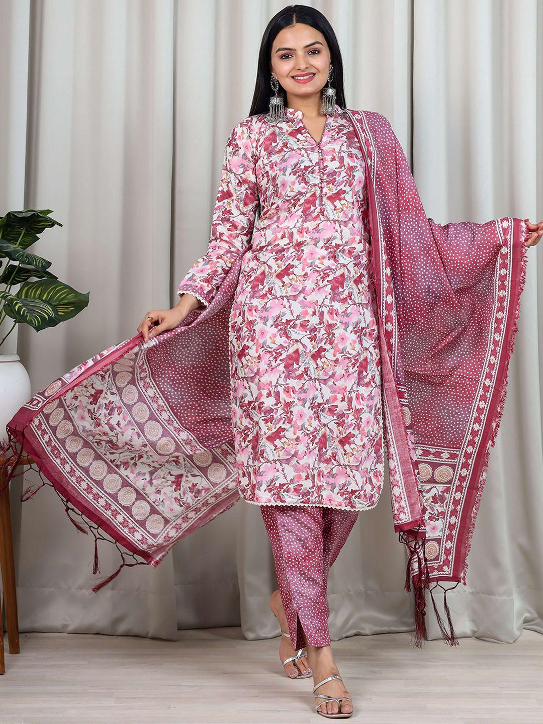kalini women pink floral printed regular chanderi cotton kurti with trousers & with dupatta